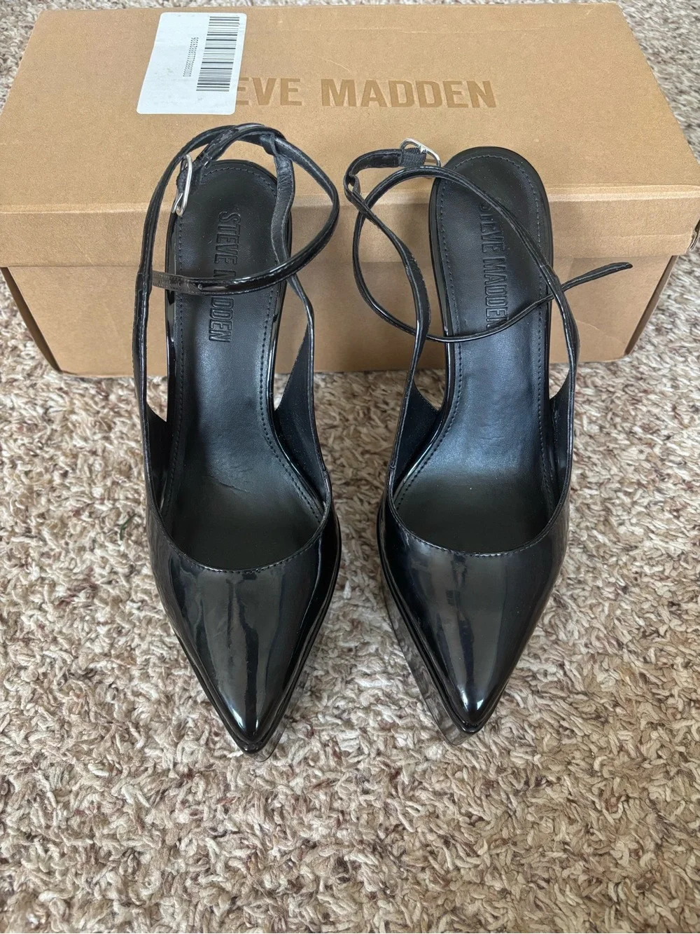 Steve Madden Alamo Black Patent Platform Pointed-Toe Ankle-Strap Pumps-7.5